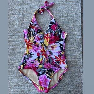 Miraclesuit Halter Hawaiian Floral Pink One Piece Swimming suit Size Large